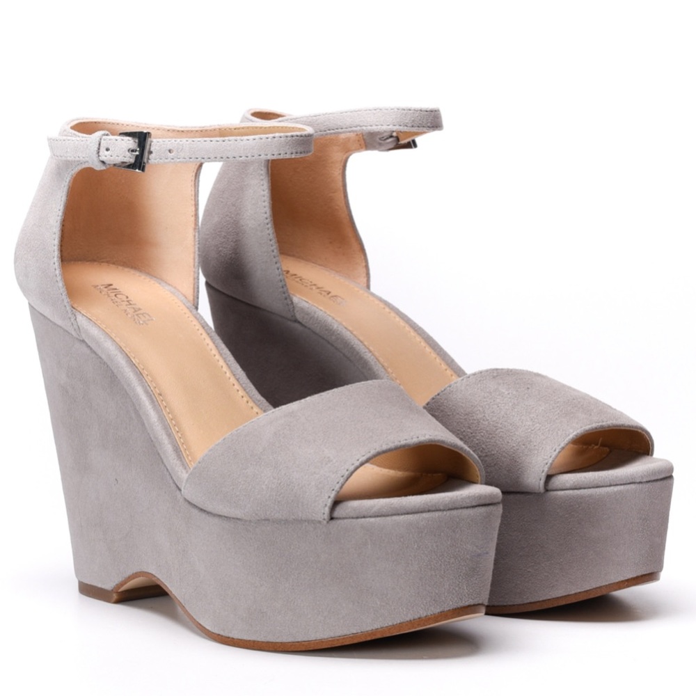 Women's Gray Suede Platform Wedge Sandals with Ankle Strap